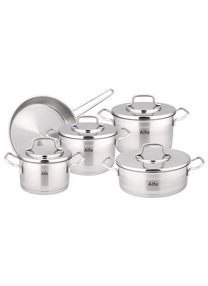 Alfa 9-Piece Alfa Cookware Set - 18/10 Cr-Ni Stainless Steel - 3 Deep Pots - 1 Low Pot - 1 Frypan