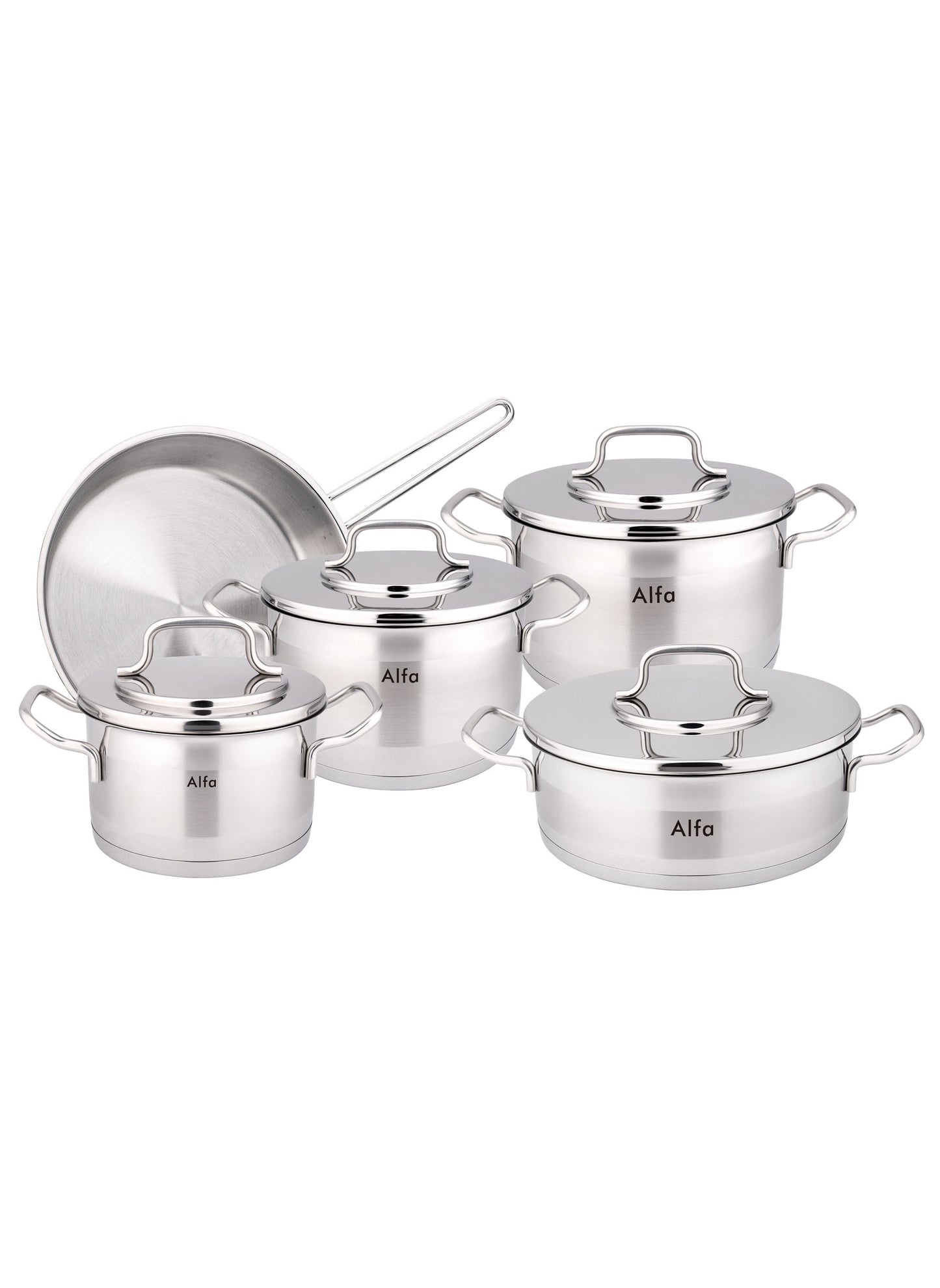 Alfa 9-Piece Alfa Cookware Set - 18/10 Cr-Ni Stainless Steel - 3 Deep Pots - 1 Low Pot - 1 Frypan