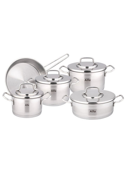 Alfa 9-Piece Alfa Cookware Set - 18/10 Cr-Ni Stainless Steel - 3 Deep Pots - 1 Low Pot - 1 Frypan